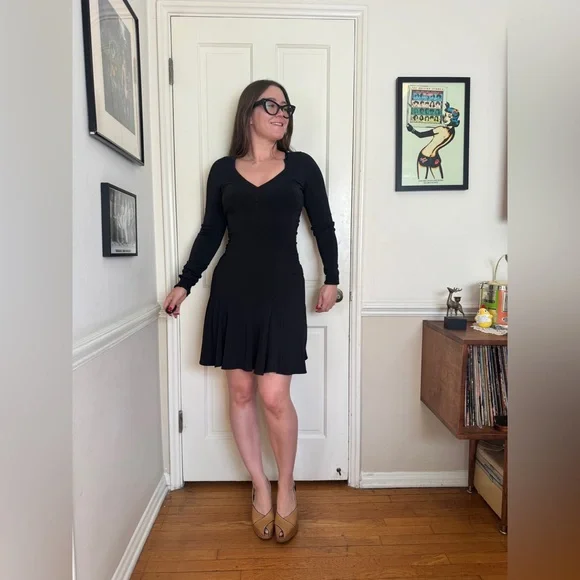 90s Vintage Alaia Black Long Sleeved Bodycon Dress Sz L - Picture 3 of 11